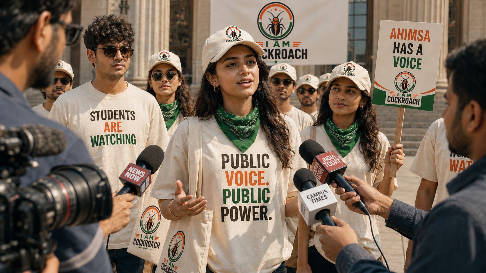 Cockroach Janta Party supporters speaking to media in I AM COCKROACH streetwear